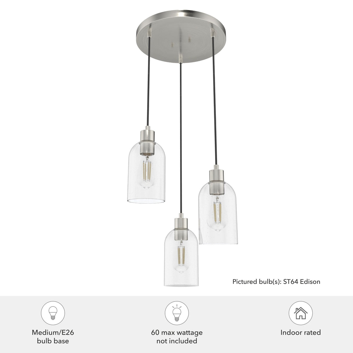 Hunter Lochemeade 3-Light Brushed Nickel Modern/Contemporary Seeded Glass Tiered LED Small Hanging