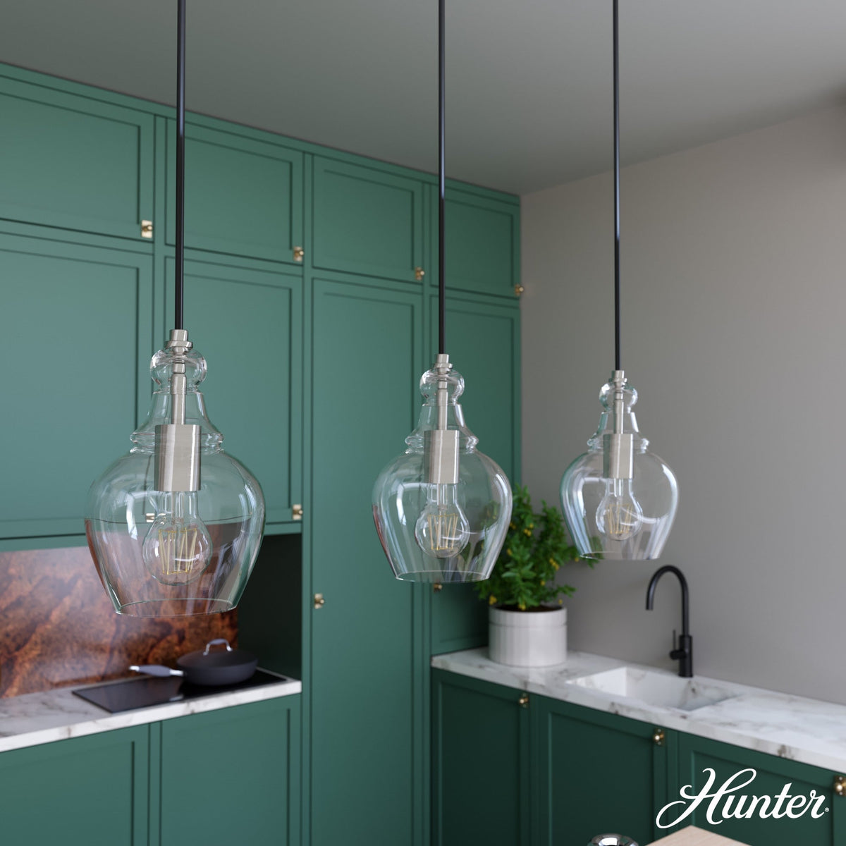 Hunter Maple Park 3-Light Brushed Nickel Transitional Clear Glass Linear LED Large Hanging