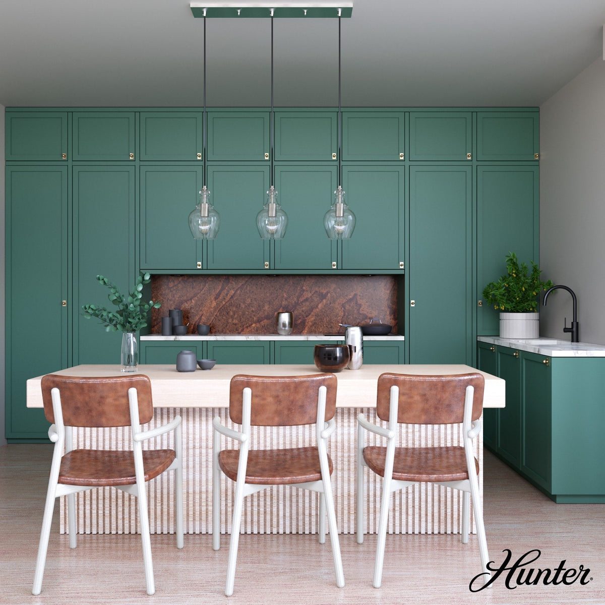 Hunter Maple Park 3-Light Brushed Nickel Transitional Clear Glass Linear LED Large Hanging