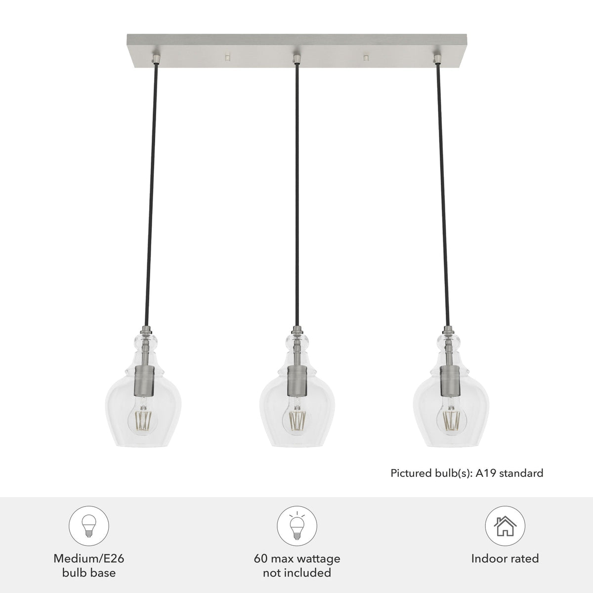 Hunter Maple Park 3-Light Brushed Nickel Transitional Clear Glass Linear LED Large Hanging