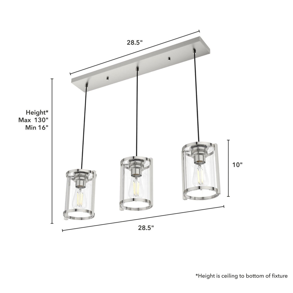 Hunter Astwood 3-Light Polished Nickel Modern/Contemporary Clear Glass Linear LED Large Hanging Chandelier