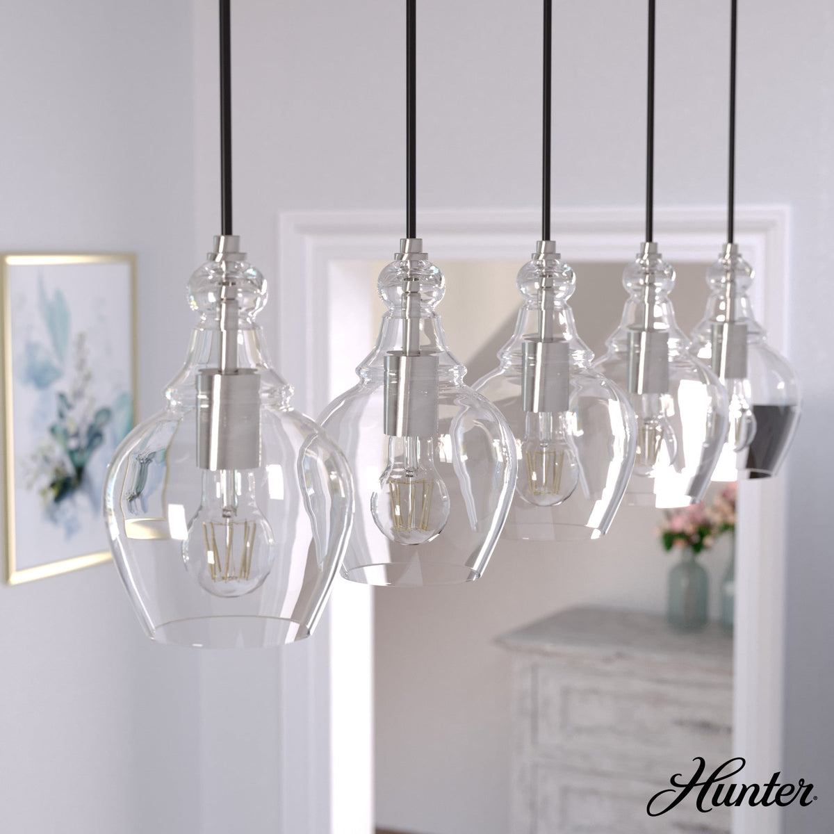 Hunter Maple Park 5-Light Brushed Nickel Transitional Clear Glass Linear LED Large Hanging