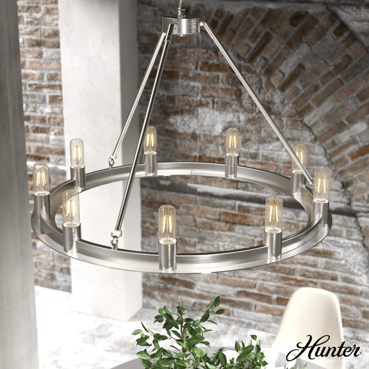 Hunter Saddlewood 9-Light Brushed Nickel Transitional Led Bare Bulb Chandelier