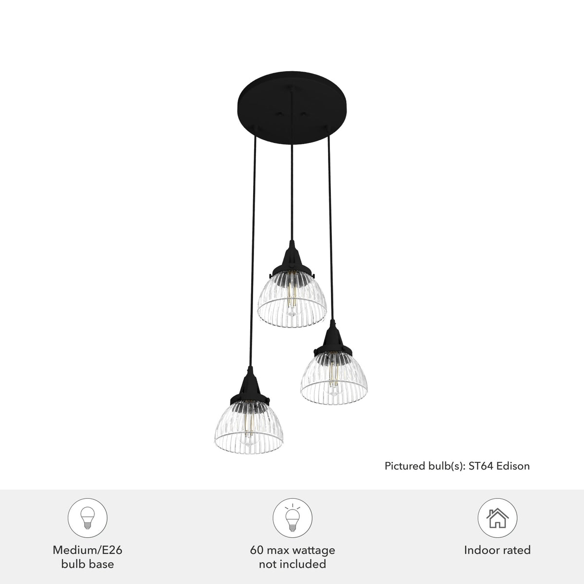 Hunter Cypress Grove 3-Light Natural Iron Transitional Clear Glass Tiered LED Mini Hanging