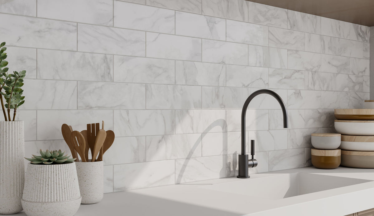 Satori Regent Statuario Glossy 4-in x 12-in Ceramic Marble-Look Wall Tile