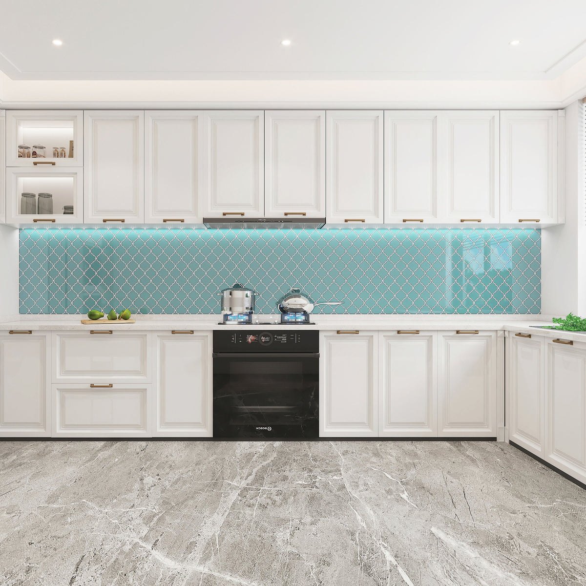 Giorbello (Sample) Glass Arabesque Tiles Teal 4-1/2-in x 4-1/2-in Glossy Glass Lantern Subway Wall Tile