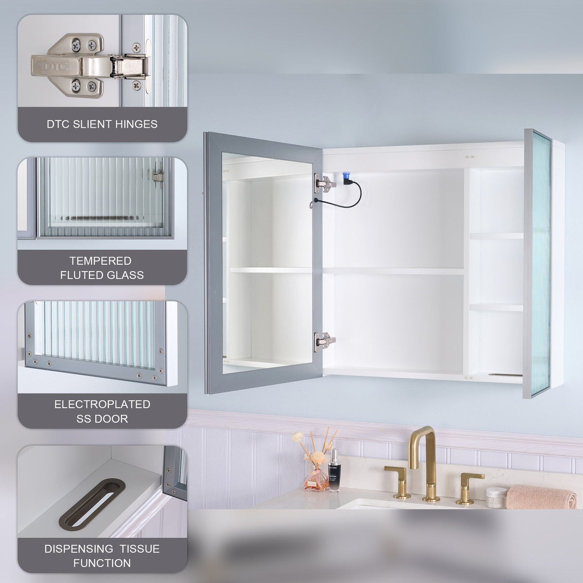 WELLFOR FLORA Solid Wood 30-in x 28-in Lighted LED Surface Mount White Mirrored Soft Close Medicine Cabinet