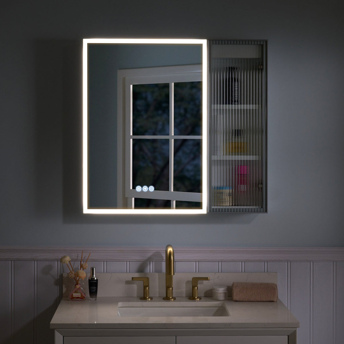 WELLFOR FLORA Solid Wood 30-in x 28-in Lighted LED Surface Mount White Mirrored Soft Close Medicine Cabinet