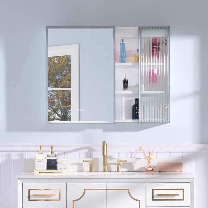 WELLFOR FLORA Solid Wood 36-in x 28-in Lighted LED Surface Mount White Mirrored Soft Close Medicine Cabinet