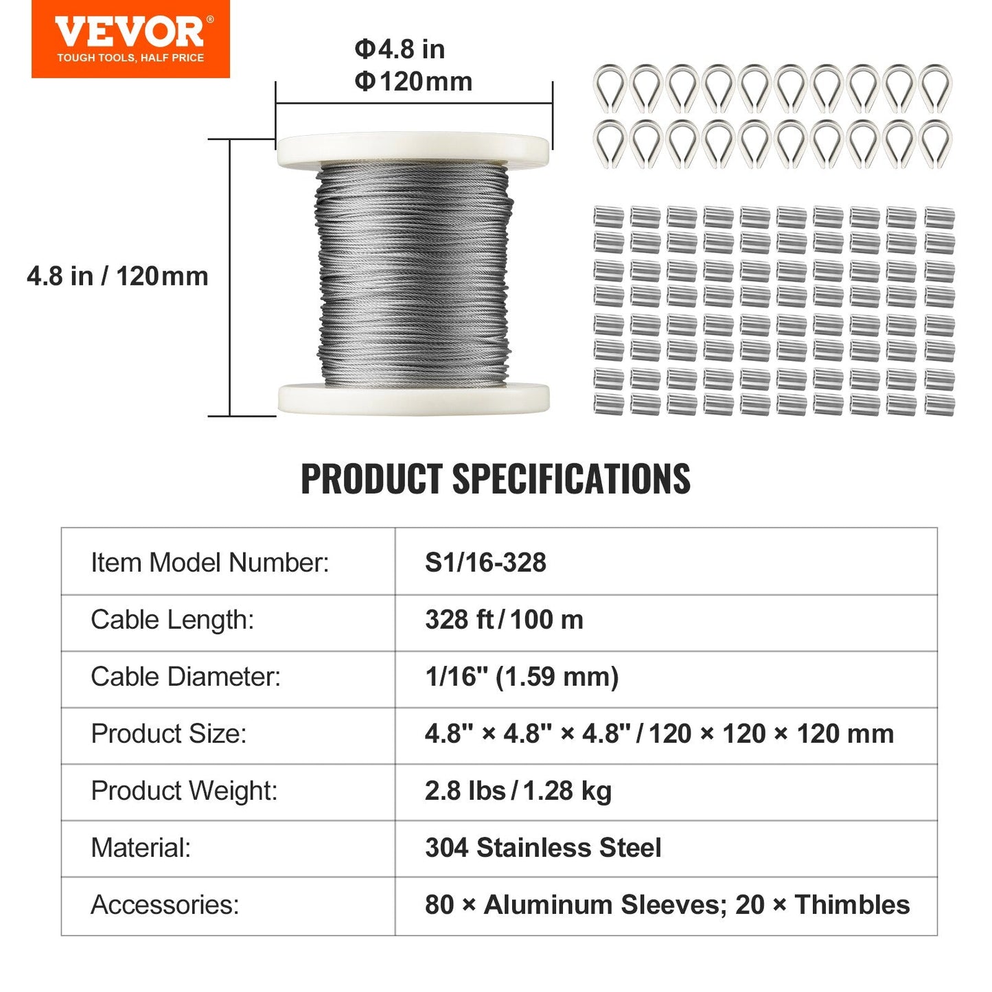 VEVOR 328-ft Silver Stainless Steel Cable Hardware Kit