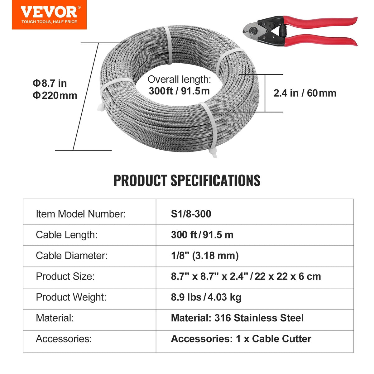 VEVOR 300-ft Silver Stainless Steel Cable Hardware Kit