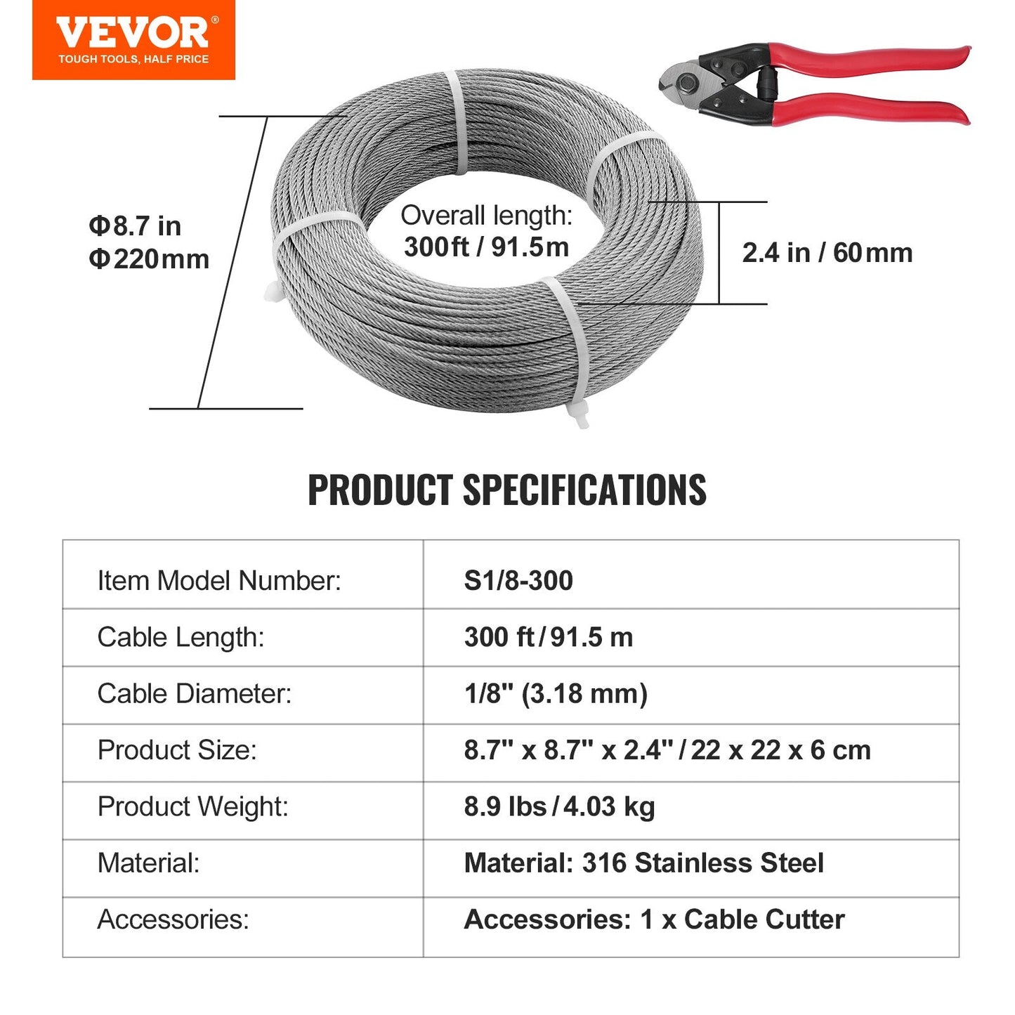VEVOR 300-ft Silver Stainless Steel Cable Hardware Kit