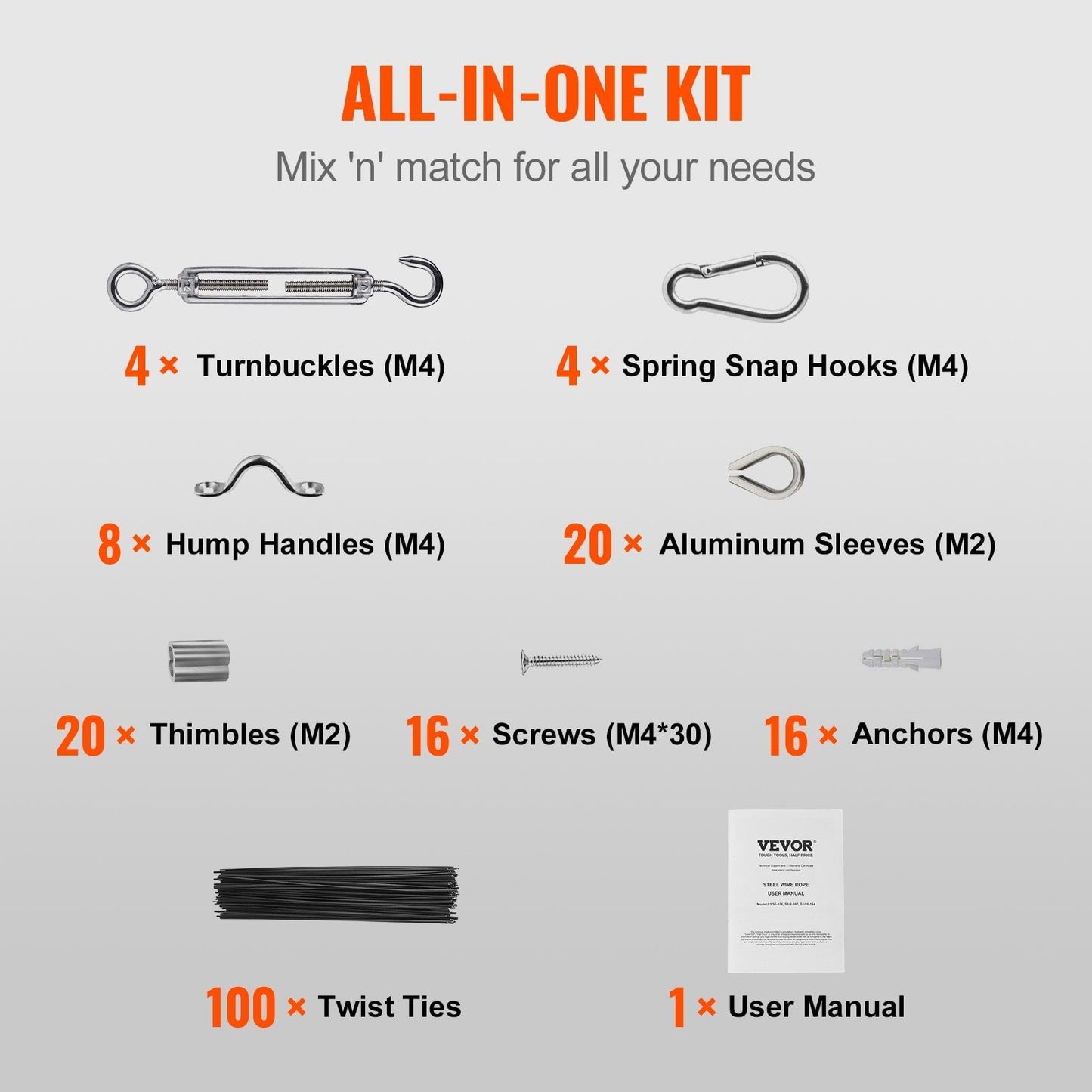 VEVOR 164-ft Silver Stainless Steel Cable Hardware Kit