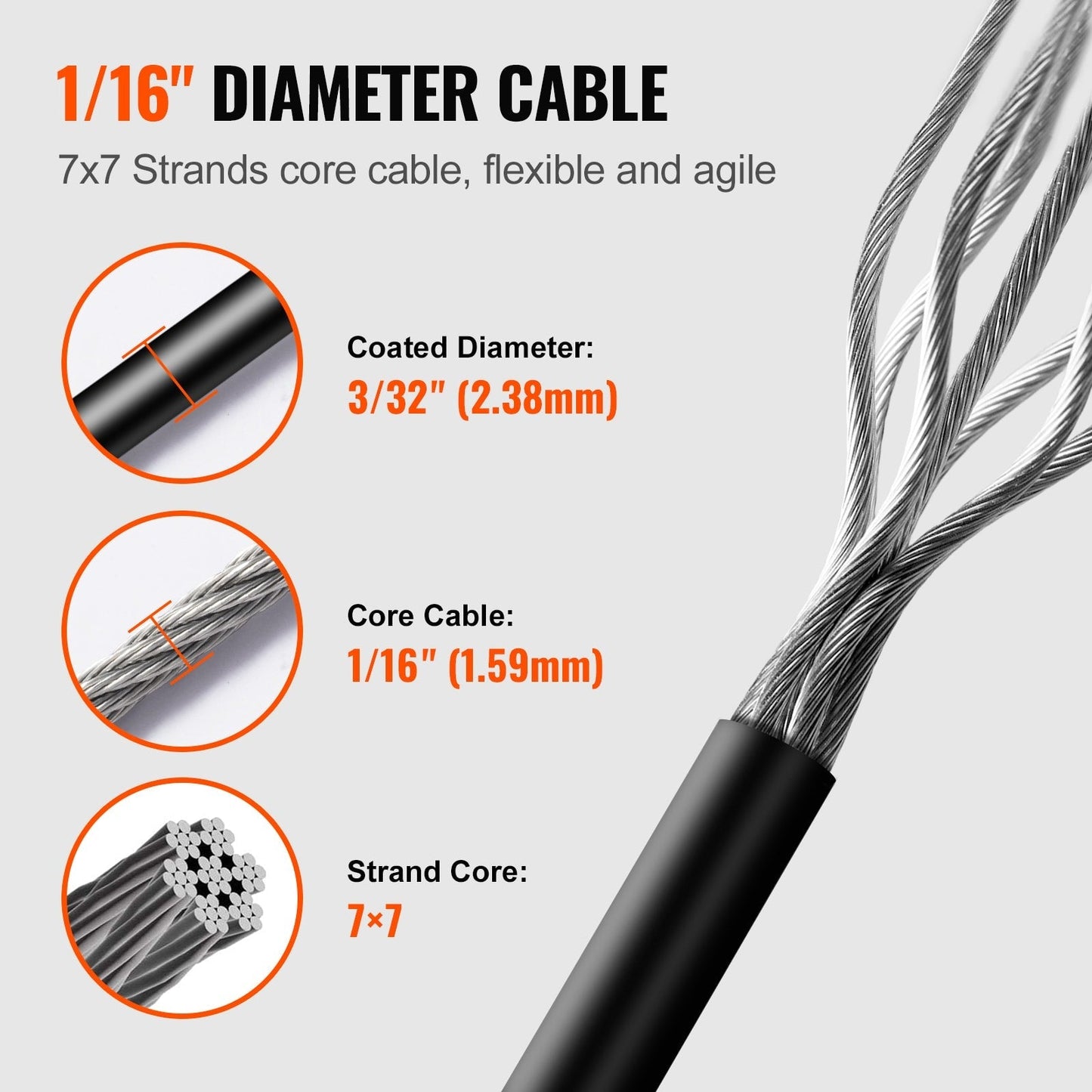 VEVOR 164-ft Silver Stainless Steel Cable Hardware Kit