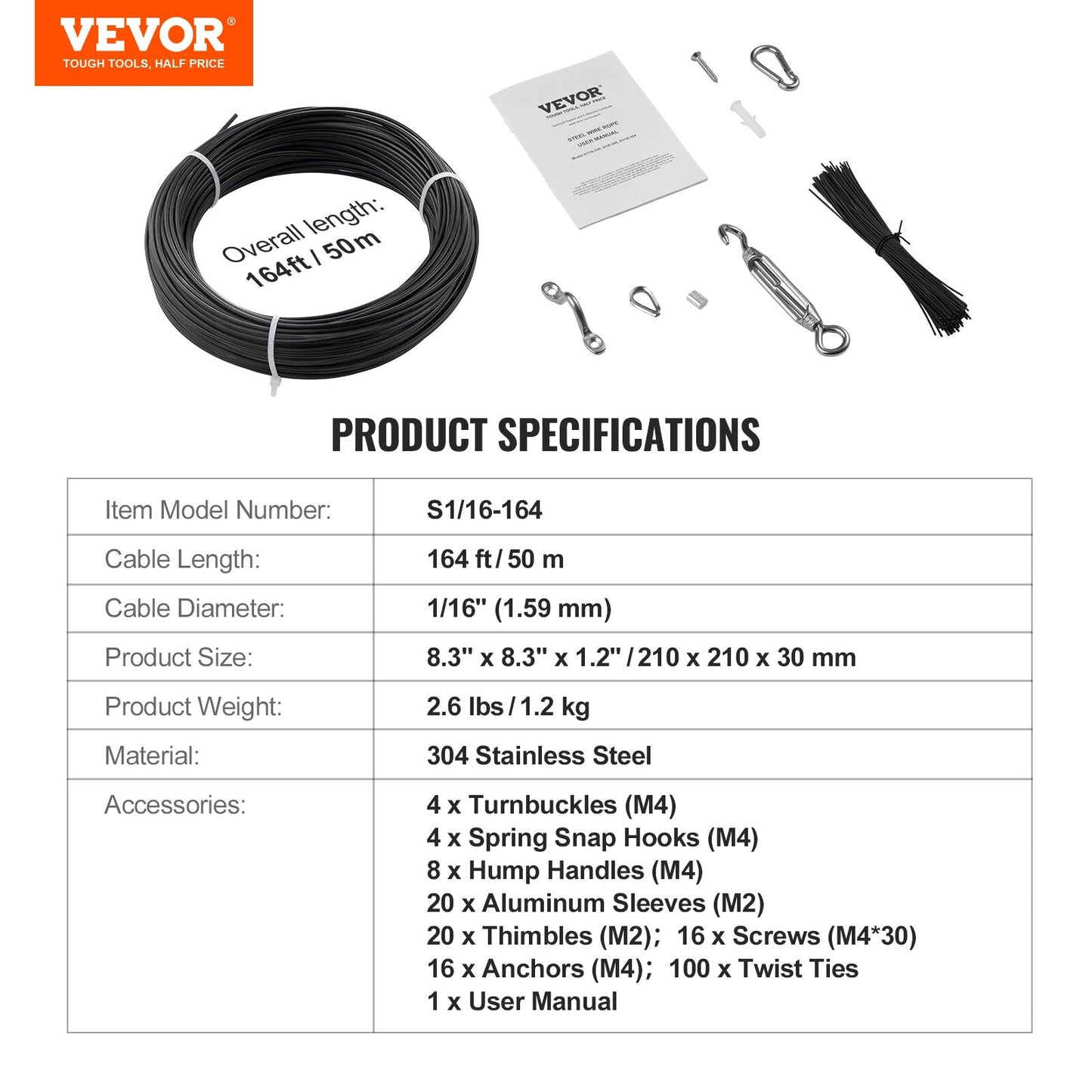 VEVOR 164-ft Silver Stainless Steel Cable Hardware Kit