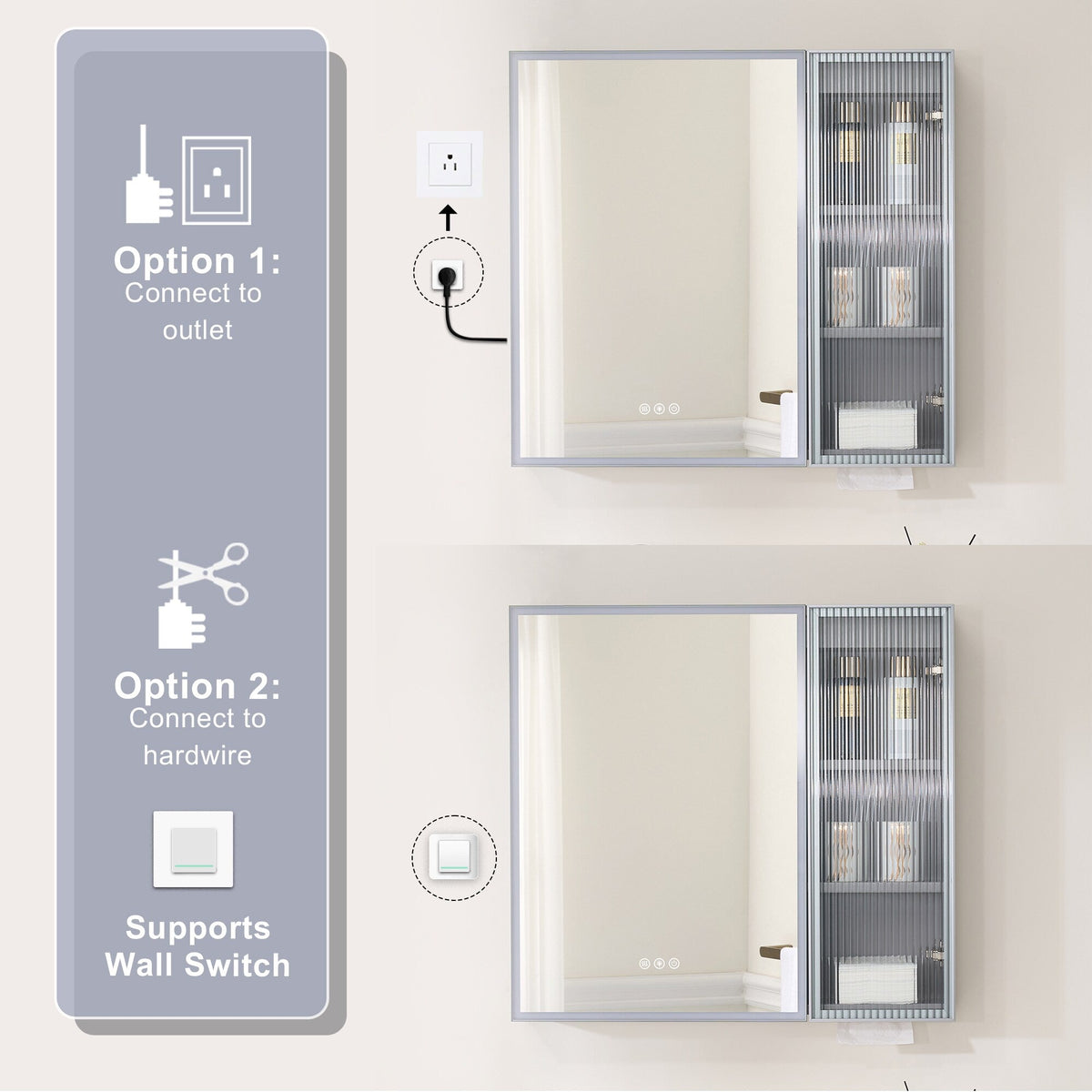 WELLFOR FLORA Solid Wood 30-in x 28-in Lighted LED Surface Mount Gray Mirrored Soft Close Medicine Cabinet