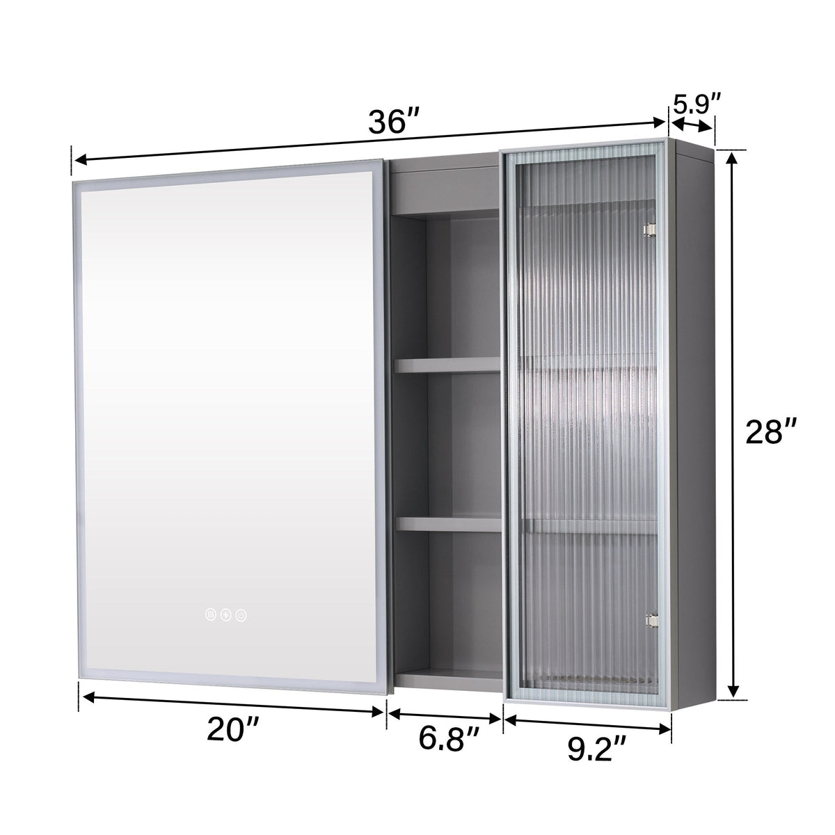 WELLFOR FLORA Solid Wood 36-in x 28-in Lighted LED Surface Mount Gray Mirrored Soft Close Medicine Cabinet