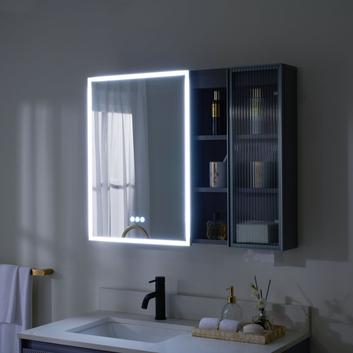 WELLFOR FLORA Solid Wood 36-in x 28-in Lighted LED Surface Mount Gray Mirrored Soft Close Medicine Cabinet