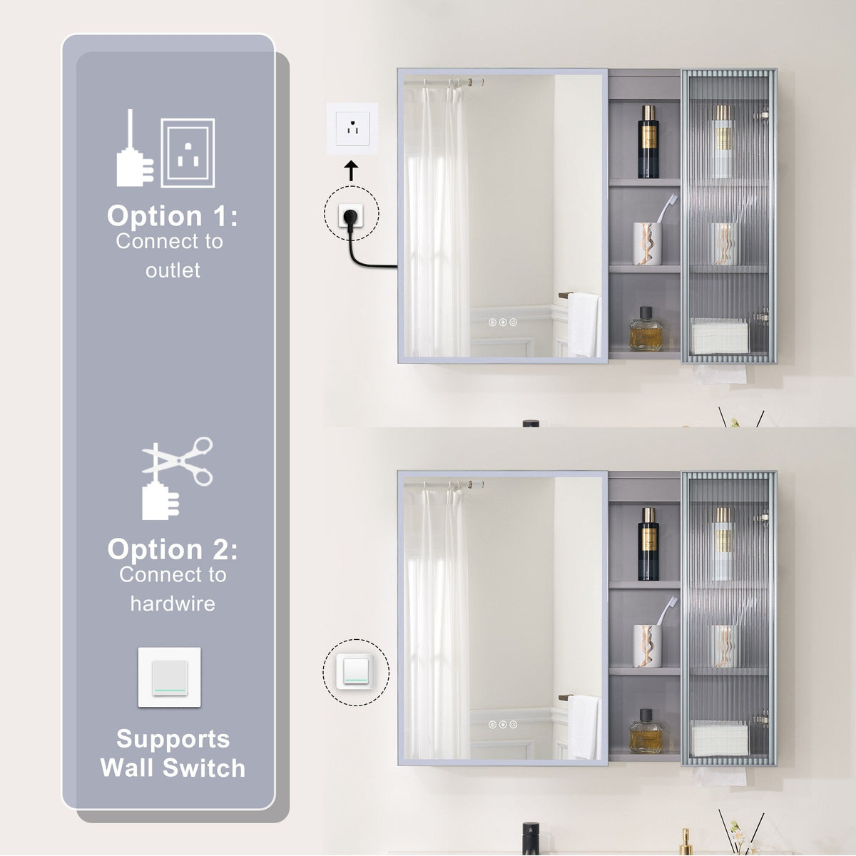 WELLFOR FLORA Solid Wood 36-in x 28-in Lighted LED Surface Mount Gray Mirrored Soft Close Medicine Cabinet