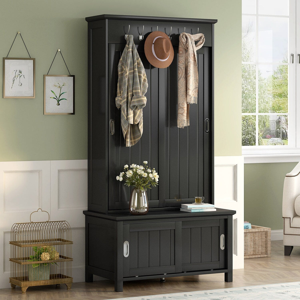 SINOFURN Craftsman 35.4-in Black Wood Hall Tree