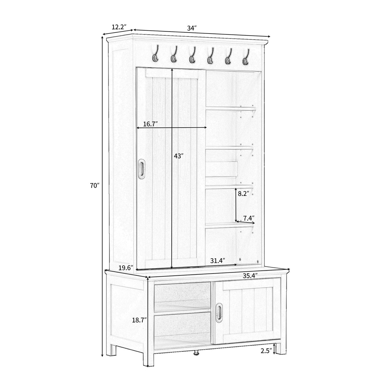 SINOFURN Craftsman 35.4-in White Wood Hall Tree