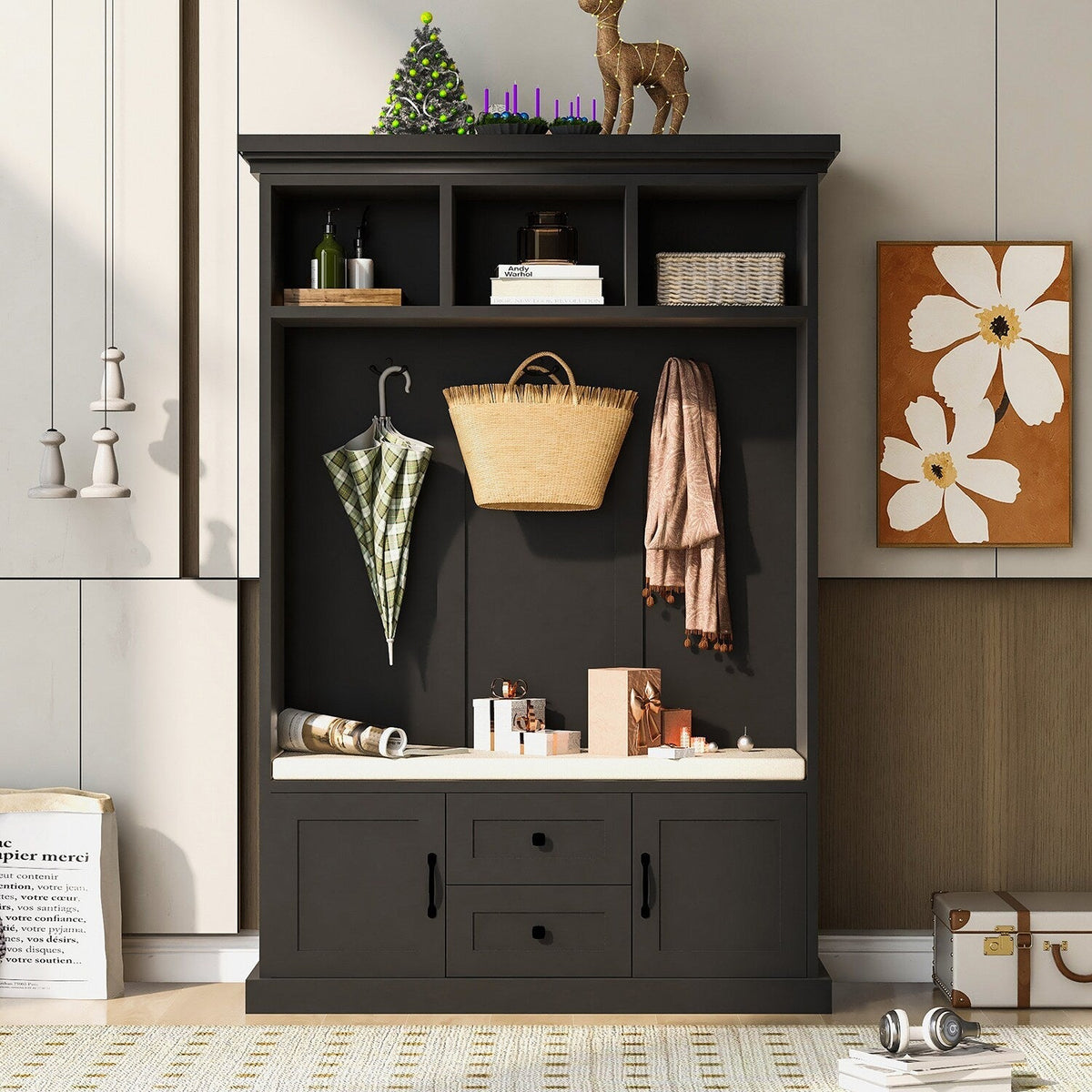 SINOFURN Coastal 47.2-in Black Wood Hall Tree