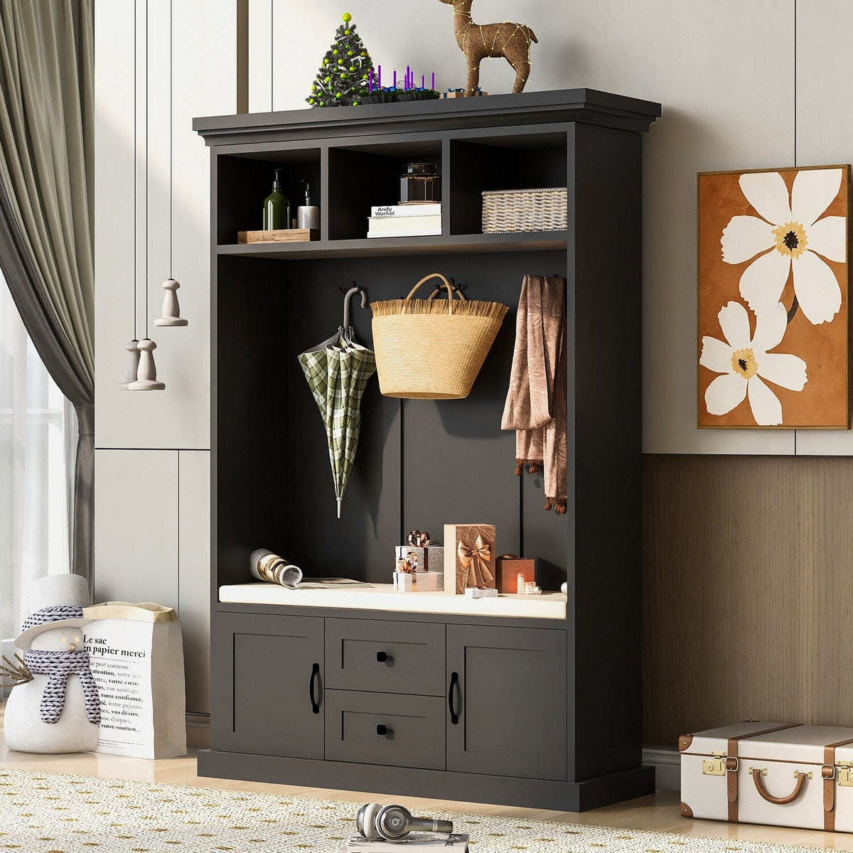 SINOFURN Coastal 47.2-in Black Wood Hall Tree