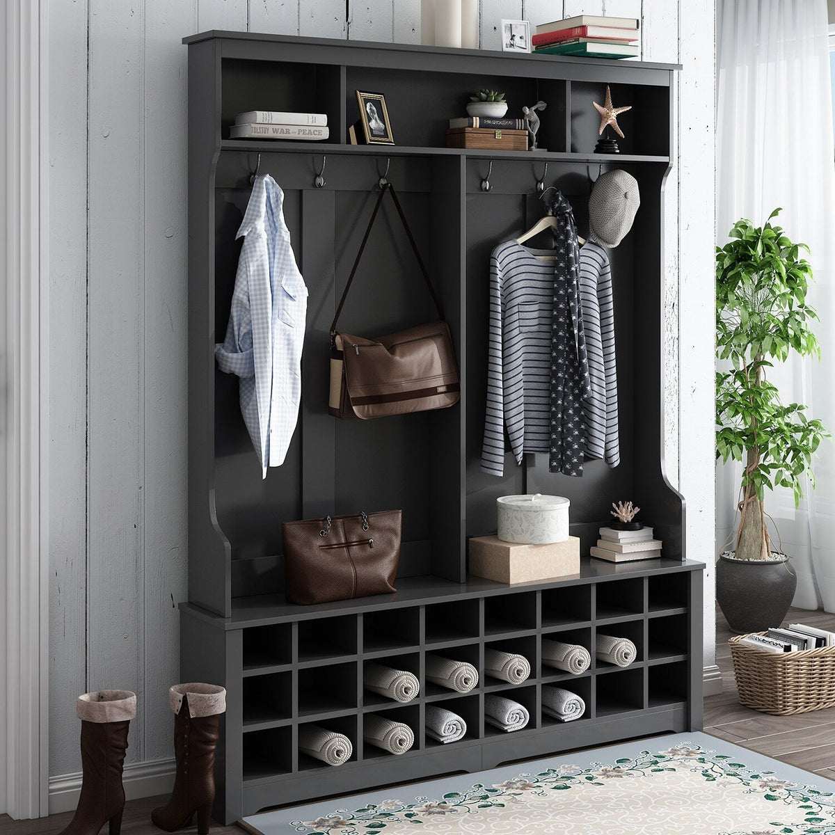 SINOFURN Hall Tree Entryway Bench with Shelves Cabinet