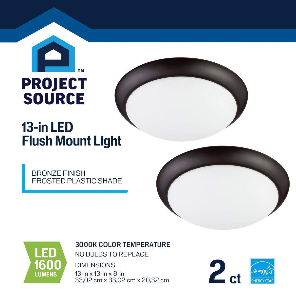 Project Source 2-Pack 13-in Bronze Integrated LED Flush Mount Ceiling Light, 1600 Lumens, 3000K, Dimmable