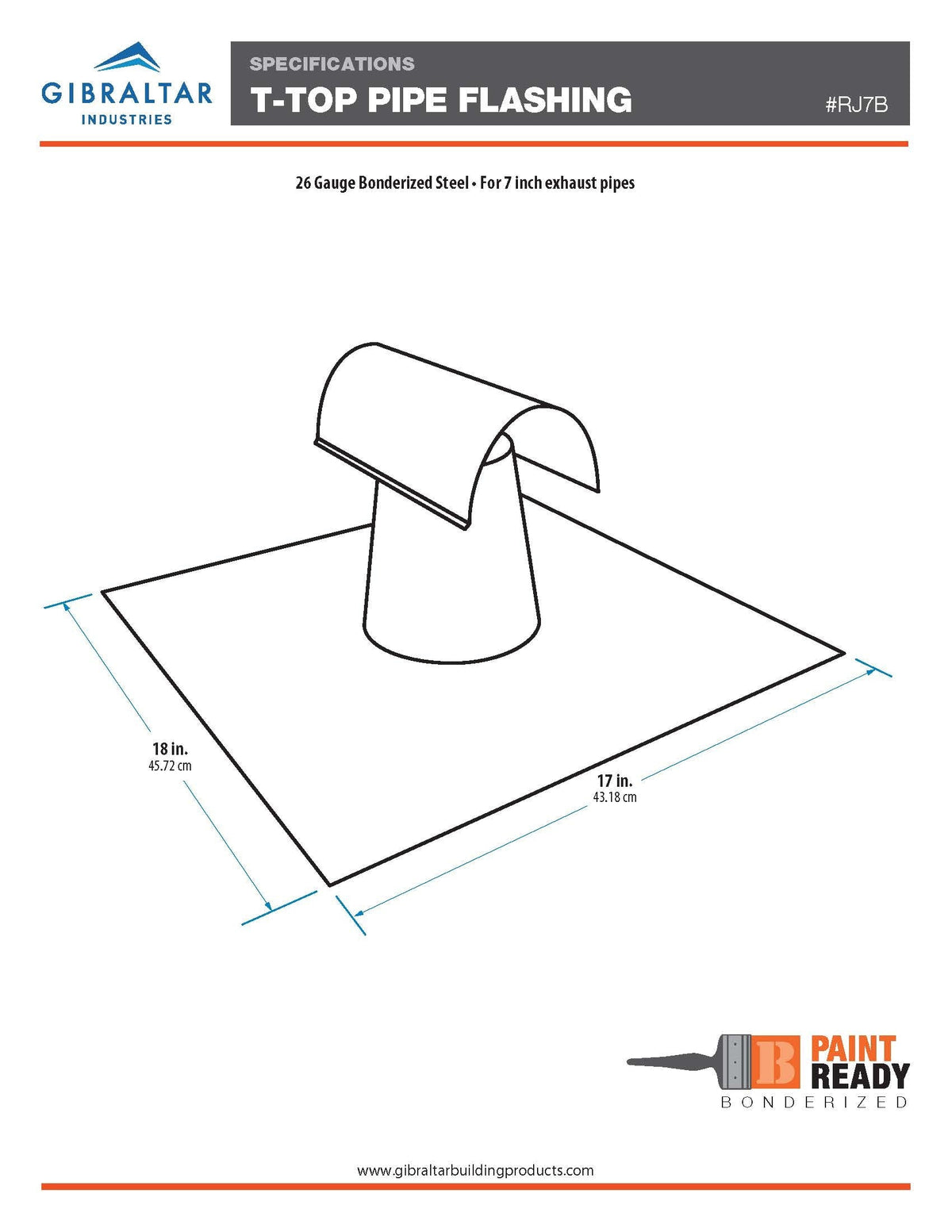 Gibraltar Building Products T-Top Vent Pipe Flashing, 7-in Opening, 18-in x 17-in Bonderized Steel