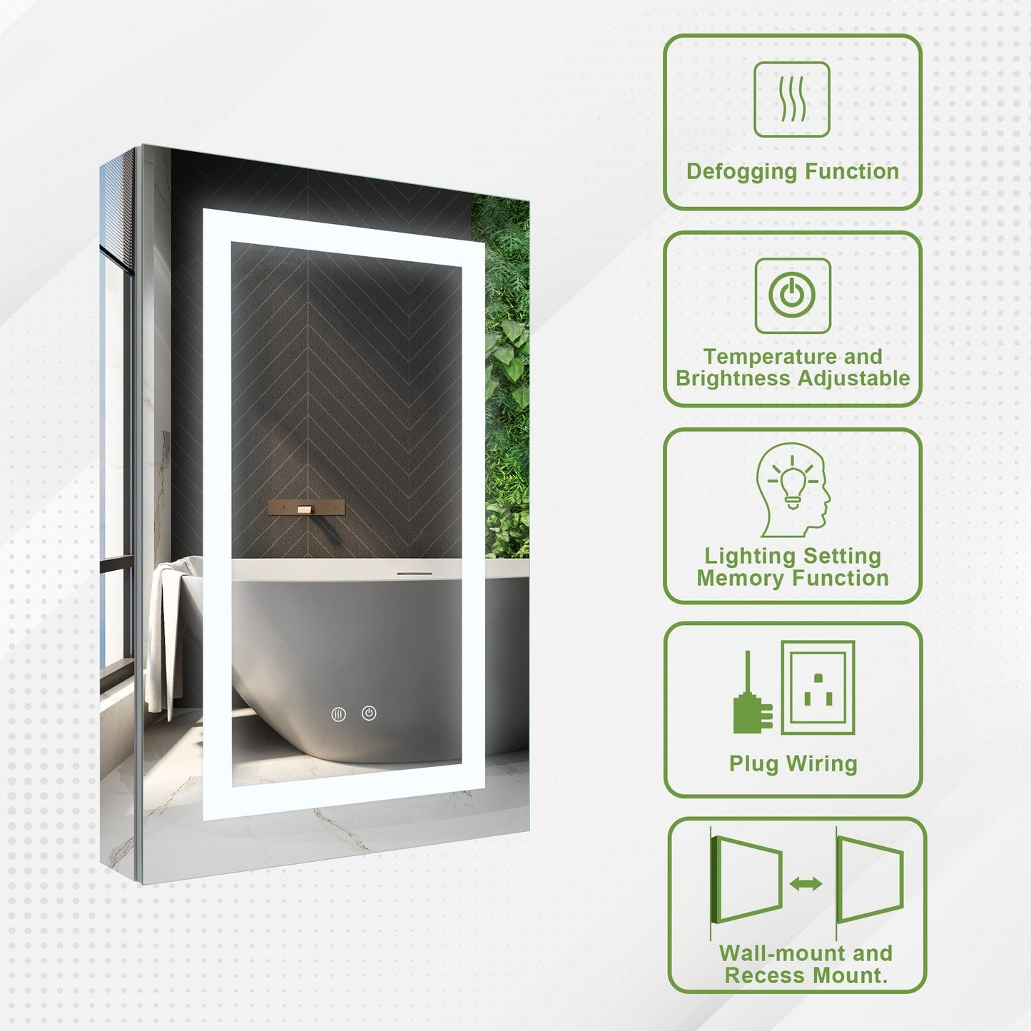 Forclover 20-in x 30-in Lighted LED Fog Free Surface/Recessed Mount Silver Soft Close Medicine Cabinet with Outlet