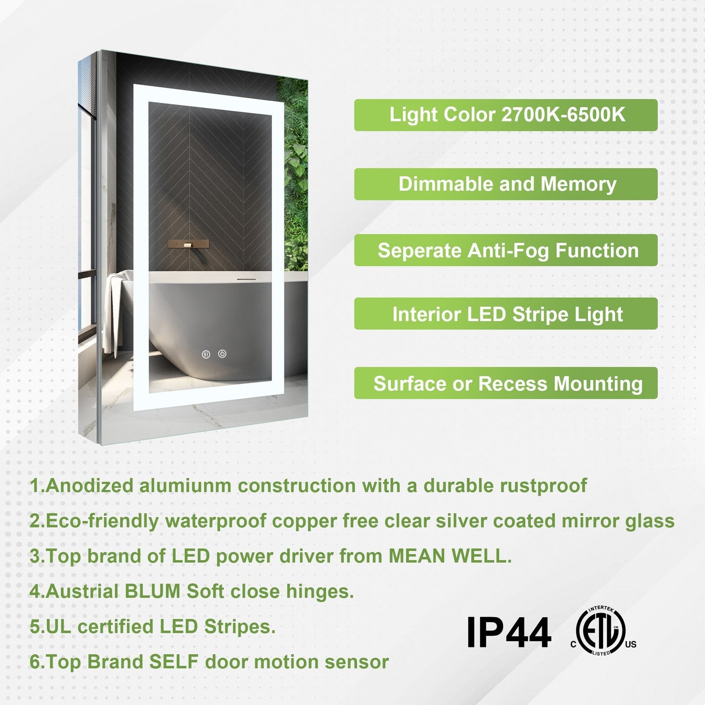 Forclover 20-in x 30-in Lighted LED Fog Free Surface/Recessed Mount Silver Soft Close Medicine Cabinet with Outlet