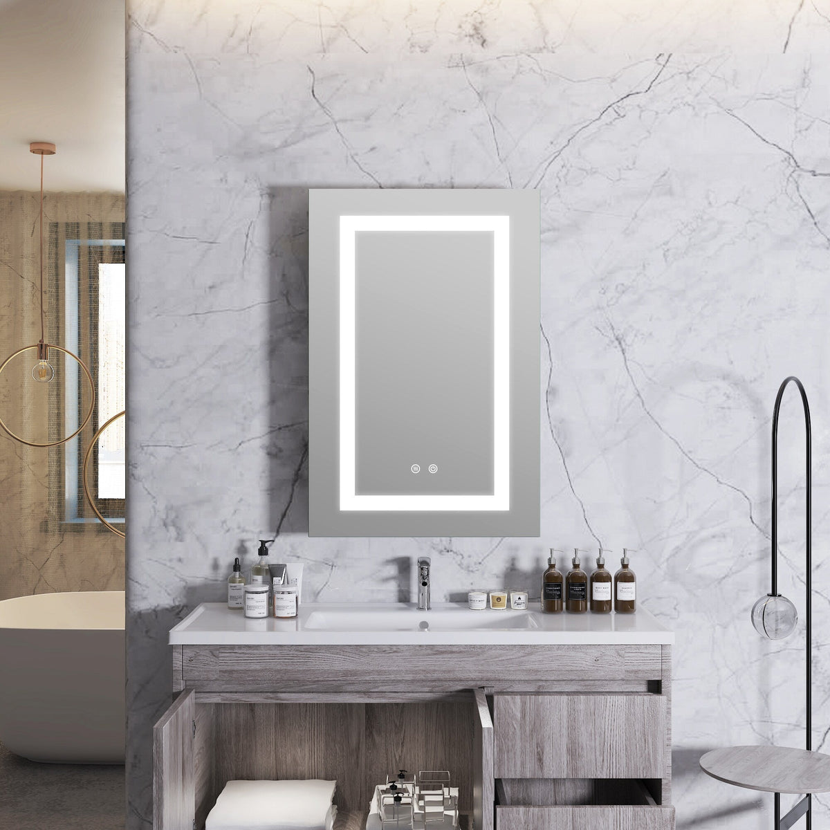 Forclover 20-in x 30-in Lighted LED Fog Free Surface/Recessed Mount Silver Soft Close Medicine Cabinet with Outlet