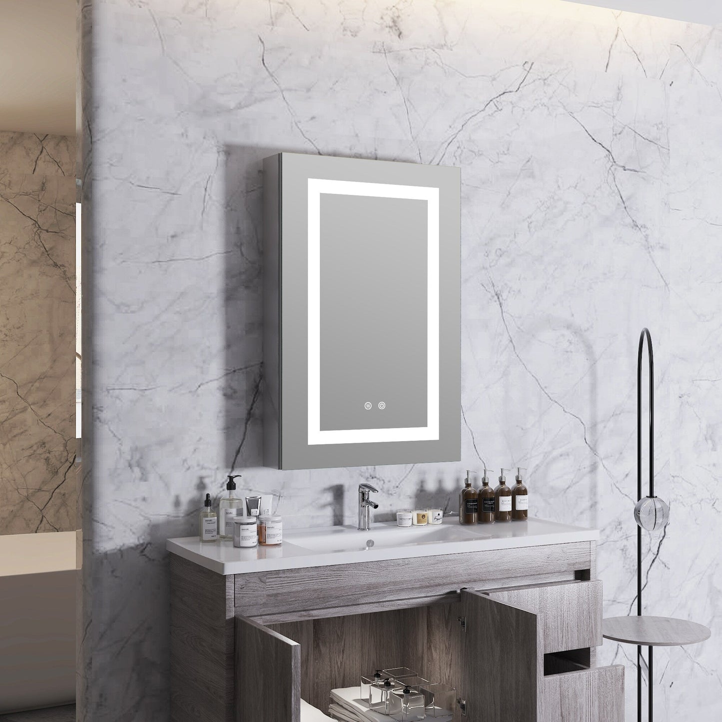 Forclover 20-in x 30-in Lighted LED Fog Free Surface/Recessed Mount Silver Soft Close Medicine Cabinet with Outlet