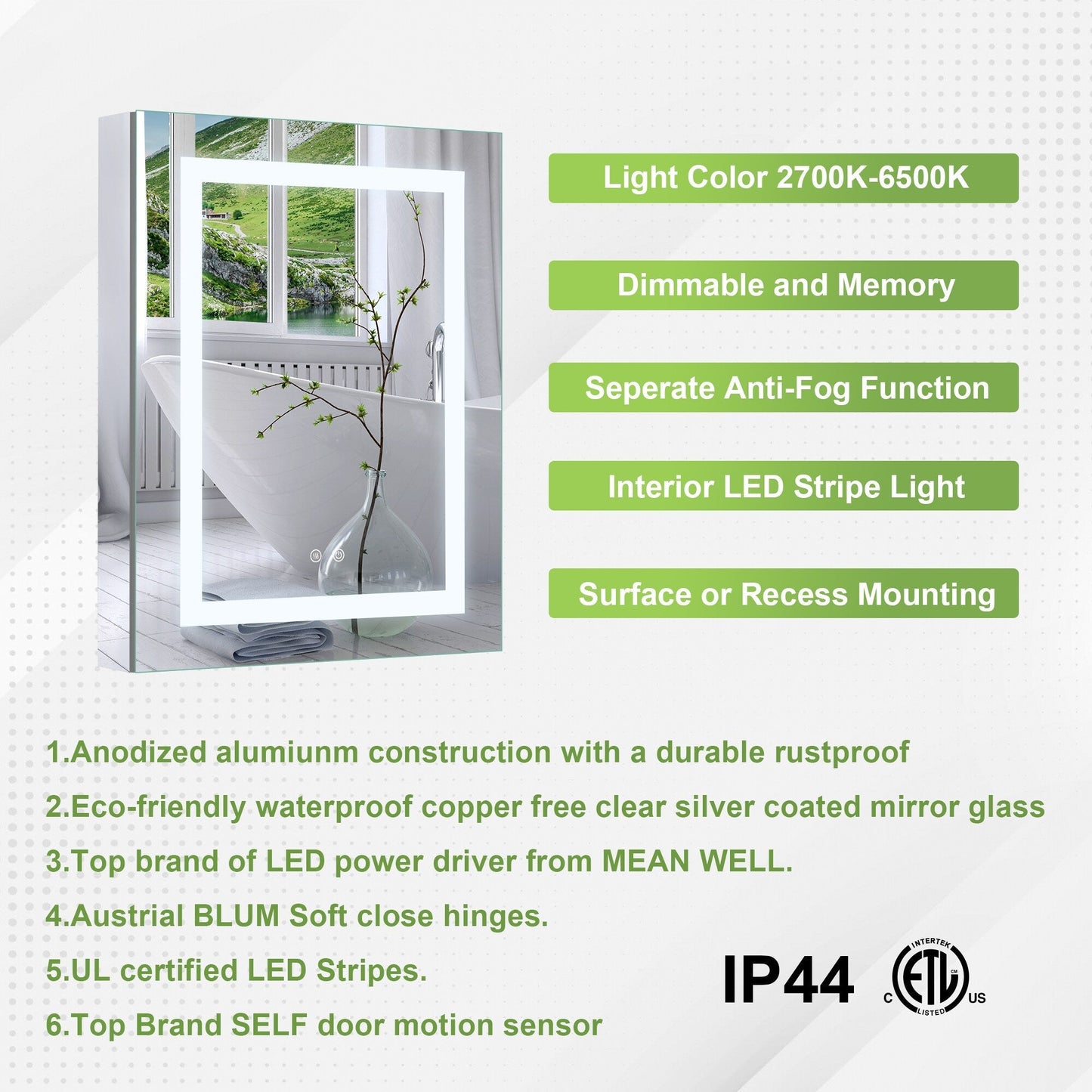 Forclover 24-in x 30-in Lighted LED Fog Free Surface/Recessed Mount Silver Mirrored Soft Close Medicine Cabinet with Outlet