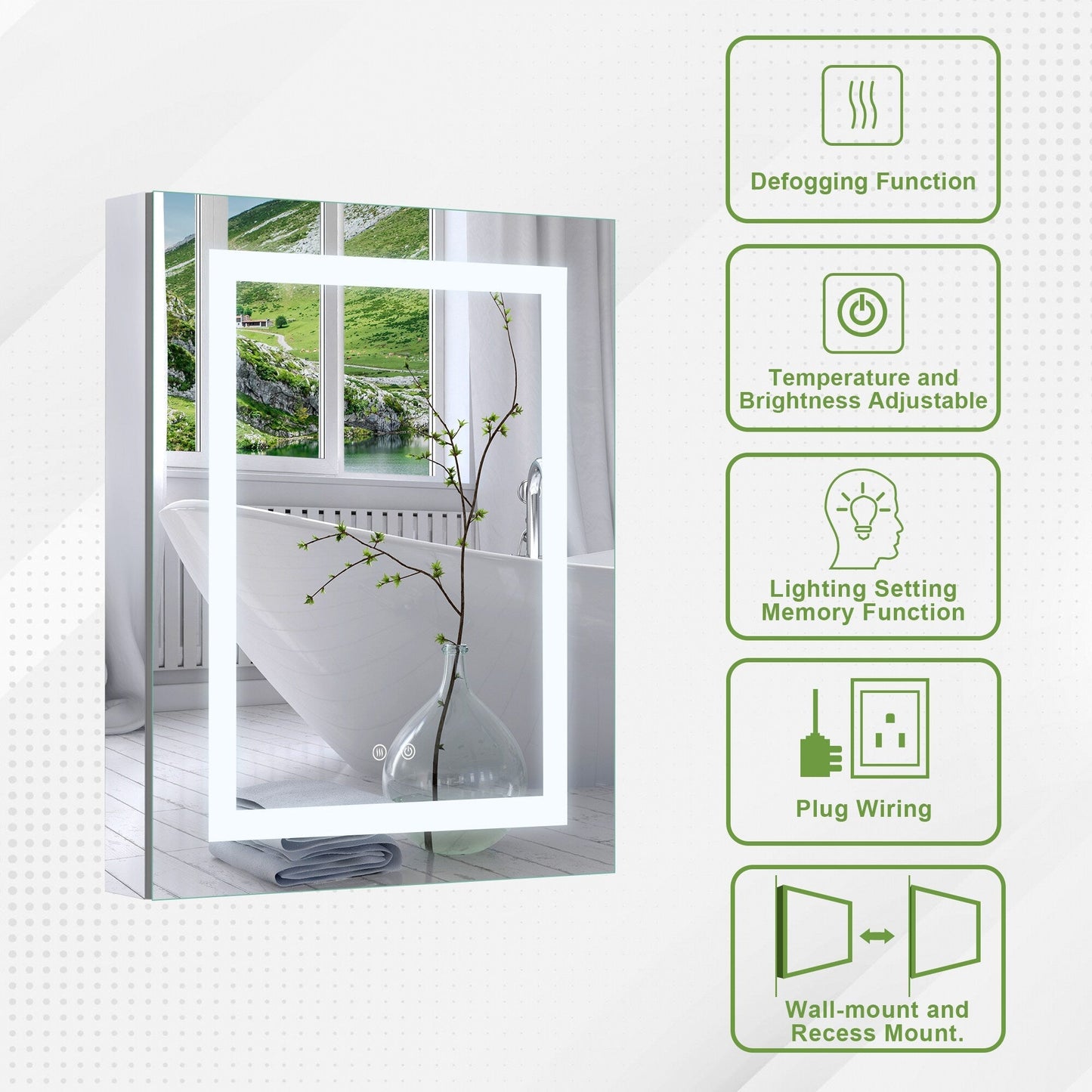 Forclover 24-in x 30-in Lighted LED Fog Free Surface/Recessed Mount Silver Mirrored Soft Close Medicine Cabinet with Outlet