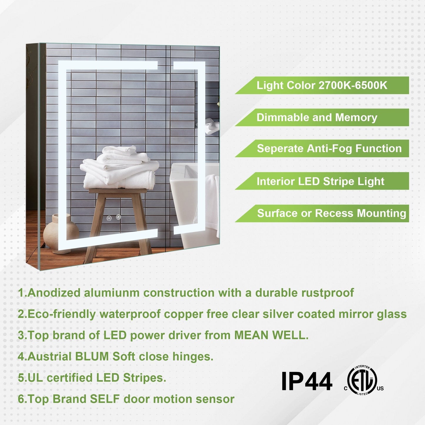 Forclover 30-in x 30-in Lighted LED Fog Free Surface/Recessed Mount Silver Mirrored Soft Close Medicine Cabinet with Outlet