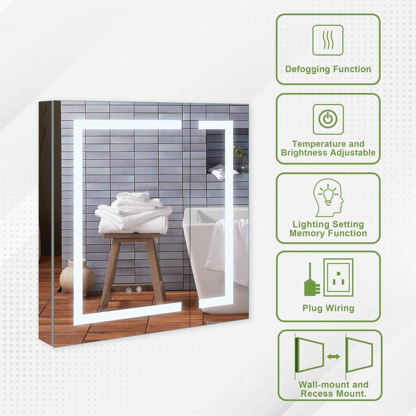 Forclover 30-in x 30-in Lighted LED Fog Free Surface/Recessed Mount Silver Mirrored Soft Close Medicine Cabinet with Outlet