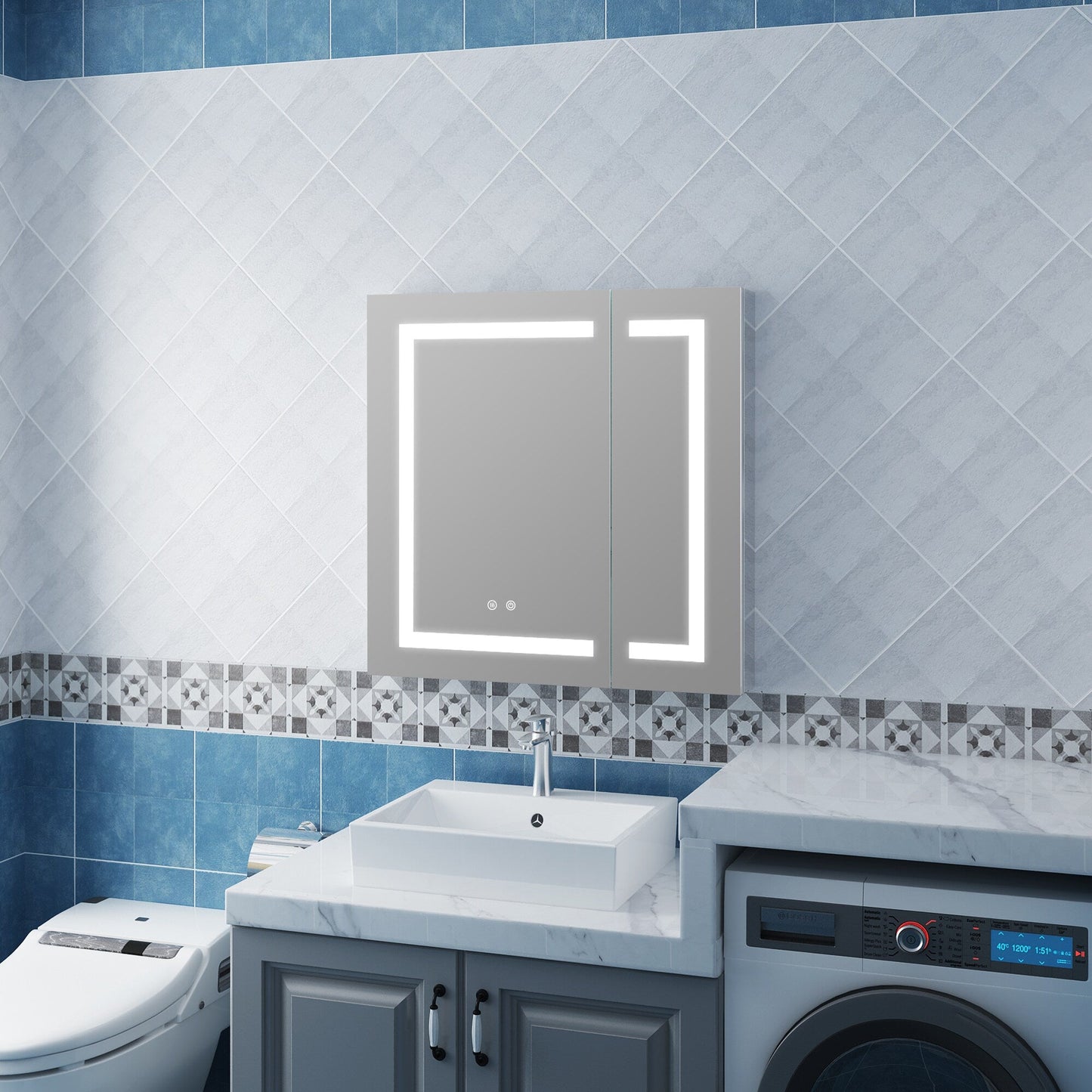 Forclover 30-in x 30-in Lighted LED Fog Free Surface/Recessed Mount Silver Mirrored Soft Close Medicine Cabinet with Outlet