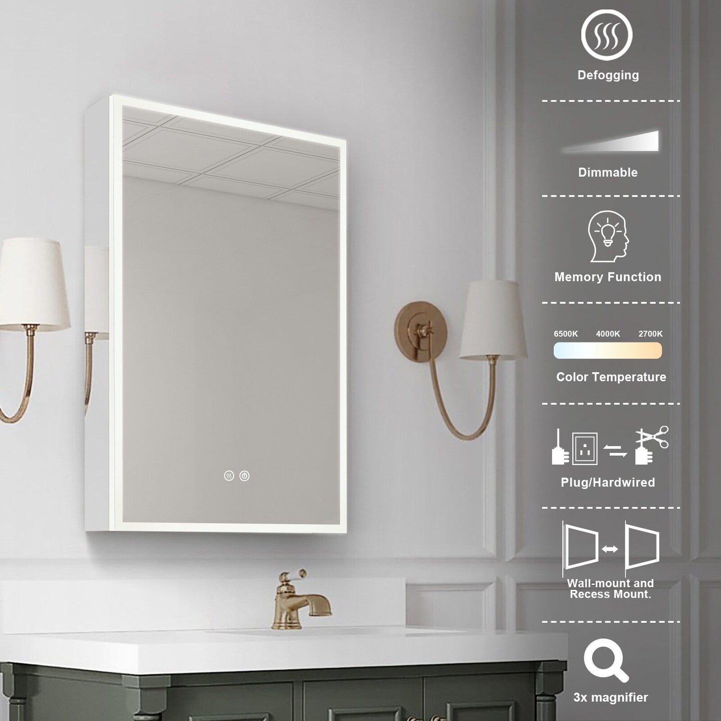 Forclover 20-in x 30-in Lighted LED Fog Free Surface/Recessed Mount Silver Mirrored Soft Close Medicine Cabinet with Outlet