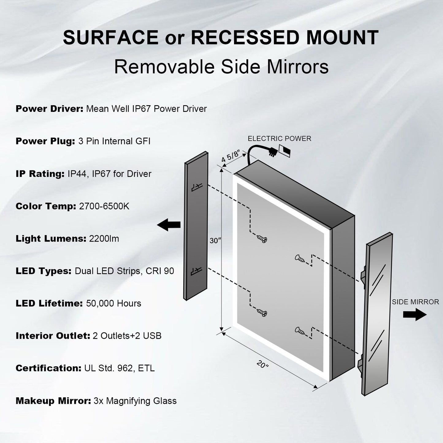 Forclover 20-in x 30-in Lighted LED Fog Free Surface/Recessed Mount Silver Mirrored Soft Close Medicine Cabinet with Outlet