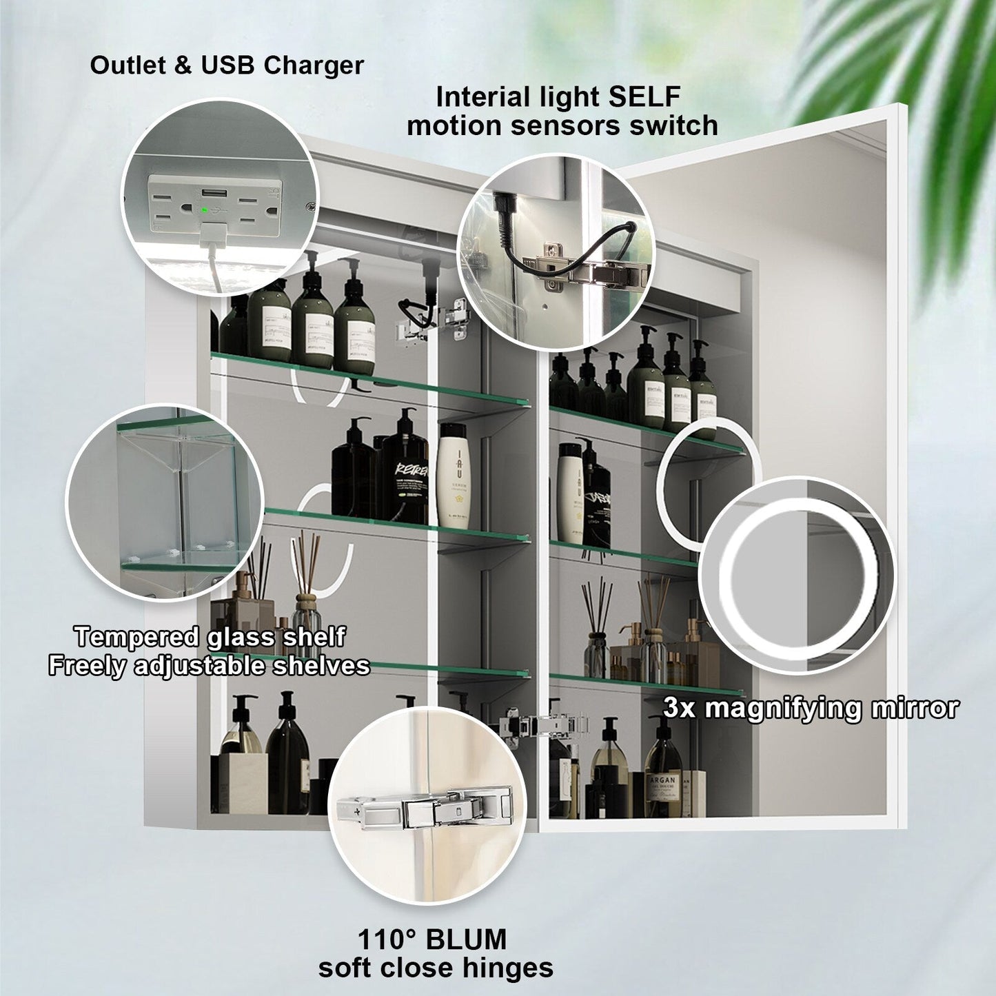 Forclover 20-in x 30-in Lighted LED Fog Free Surface/Recessed Mount Silver Mirrored Soft Close Medicine Cabinet with Outlet