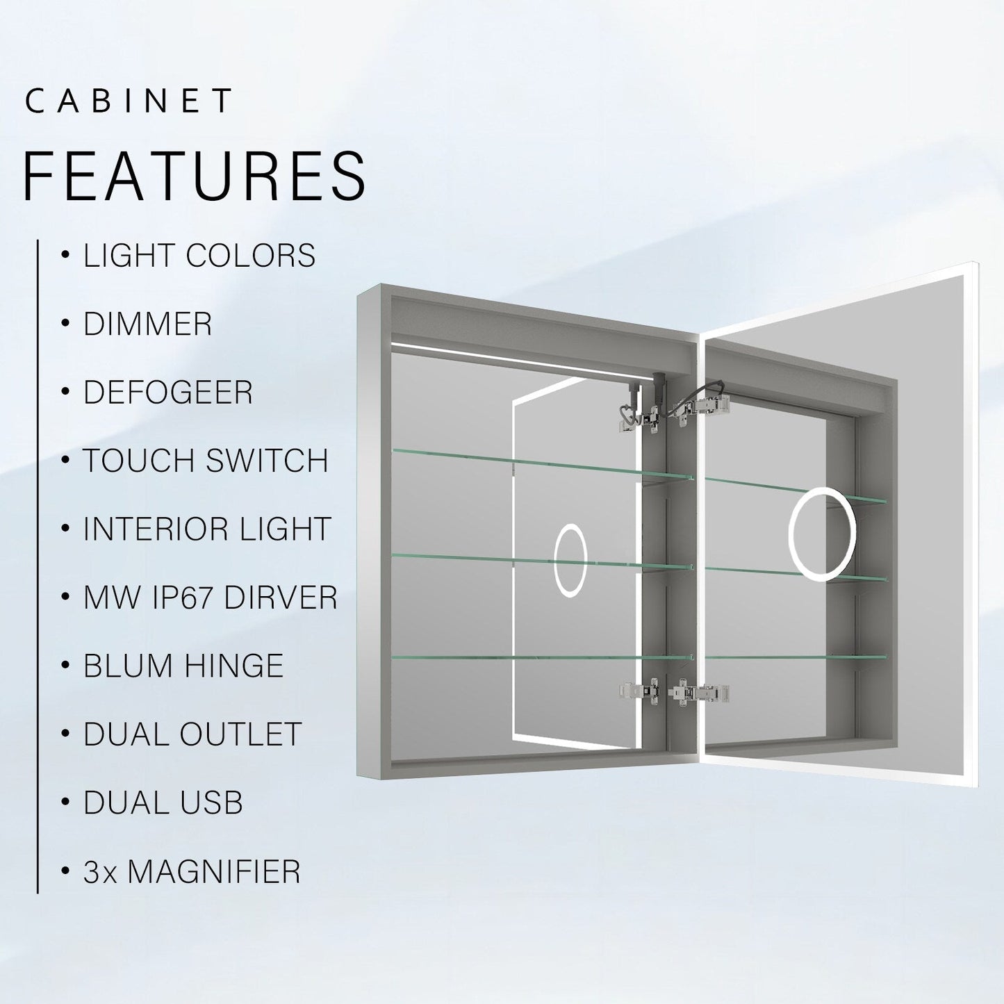 Forclover 20-in x 30-in Lighted LED Fog Free Surface/Recessed Mount Silver Mirrored Soft Close Medicine Cabinet with Outlet