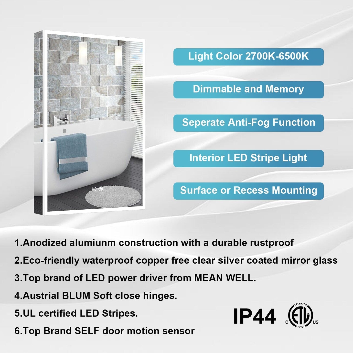 Forclover 20-in x 30-in Lighted LED Fog Free Surface/Recessed Mount Silver Mirrored Soft Close Medicine Cabinet with Outlet