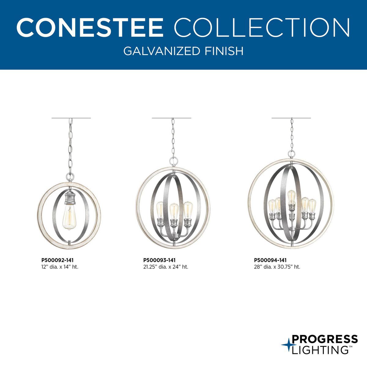Progress Lighting Conestee 6-Light Galvanized Coastal Globe Large Hanging Pendant Light