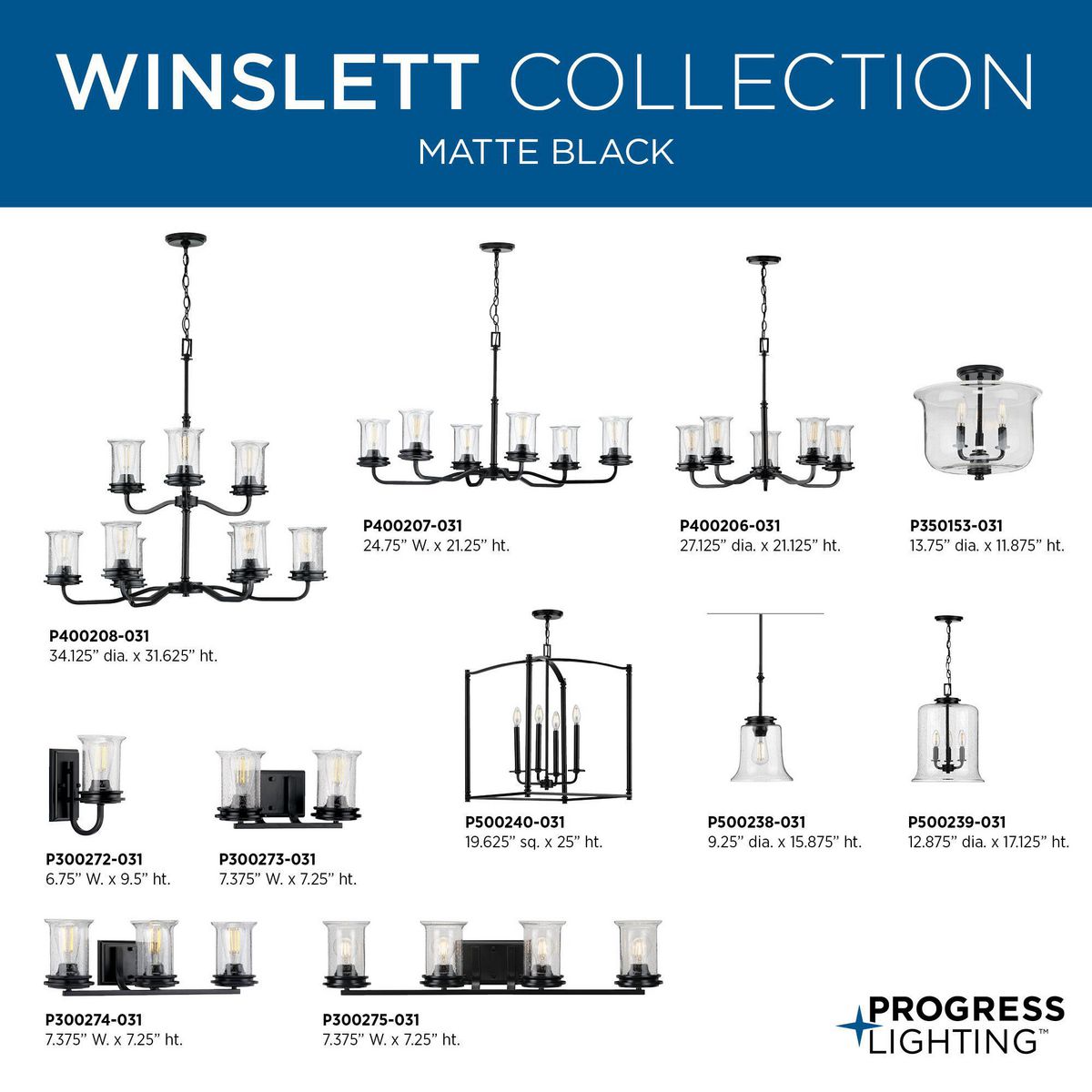 Progress Lighting Winslett 3-Light Matte Black Coastal Seeded Glass Cylinder Medium Hanging Pendant Light