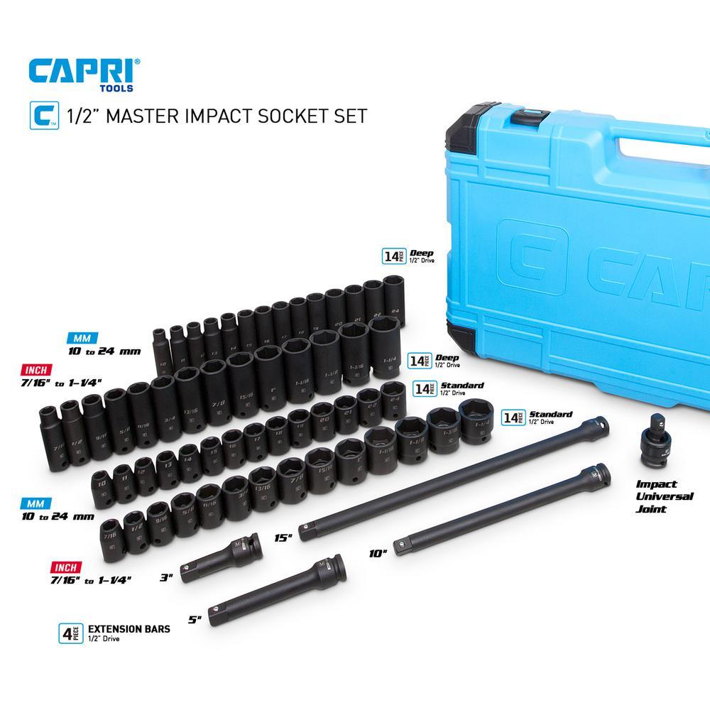 1/2 in. Drive SAE/Metric Master Impact Socket Set with Adapters and Extensions (61-Piece) - Super Arbor