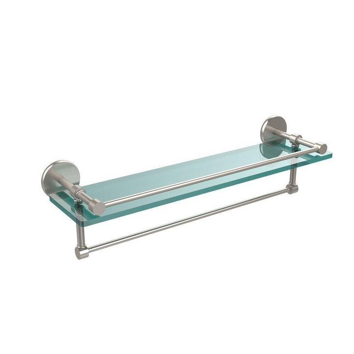 22 in. L x 5 in. H x 5 in. W Gallery Clear Glass Bathroom Shelf with Towel Bar in Satin Nickel - Super Arbor