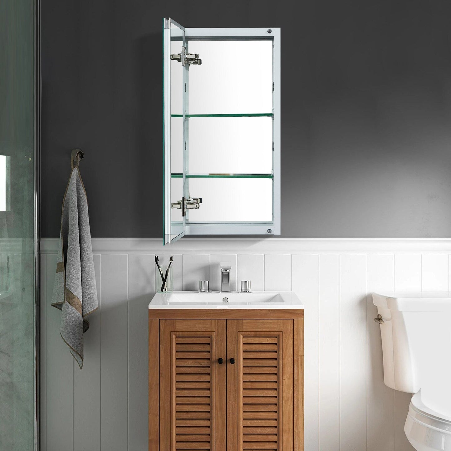 Forclover DON 15-in x 24-in Surface/Recessed Mount Satin Mirrored Soft Close Medicine Cabinet