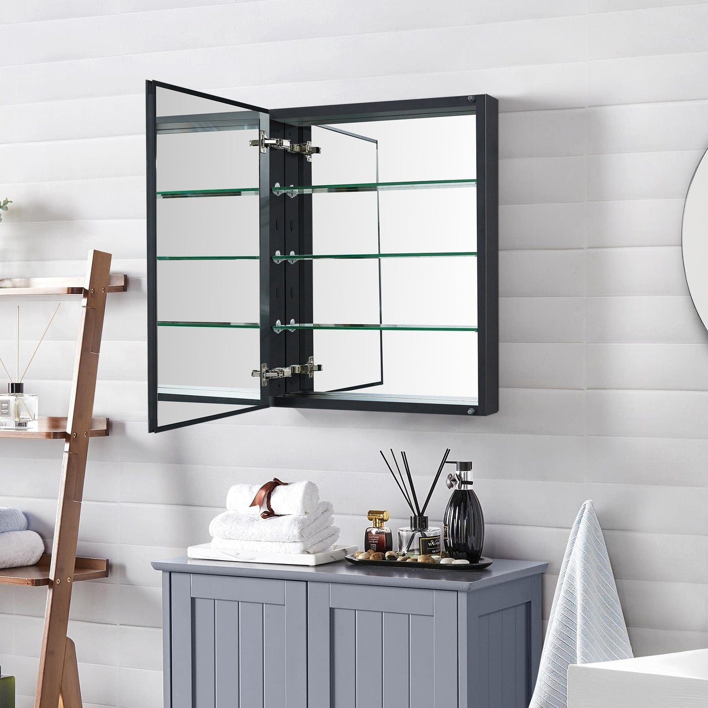 Forclover KF 19-in x 30-in Fog Free Surface/Recessed Mount Black Mirrored Soft Close Medicine Cabinet